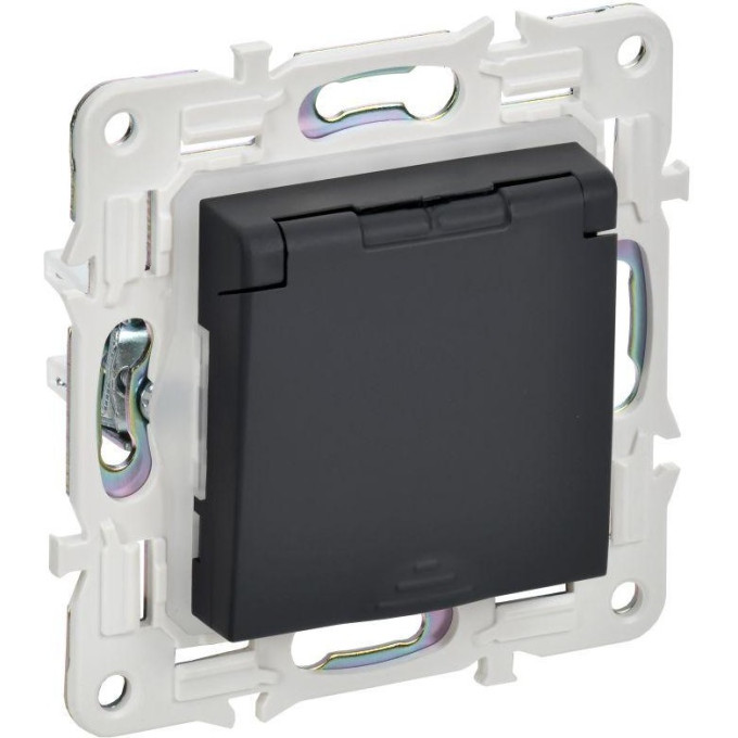 Розетка 1-постовая IEK SKANDY SK-R11G 16А IP44 с заземлением/защитные шторки, с крышкой, графит SK-R16-16-44-K53