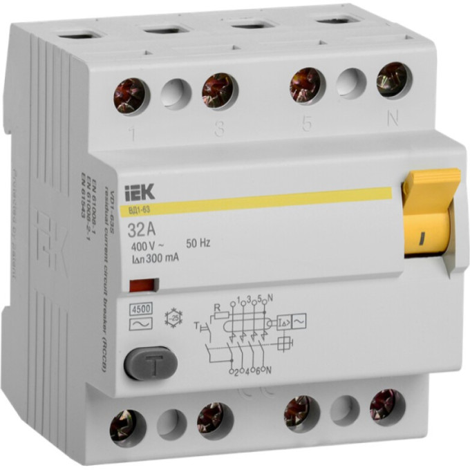 Выключатель дифференциальный (УЗО) IEK ВД1-63 4Р 32А 300мА - MDV10-4-032-300